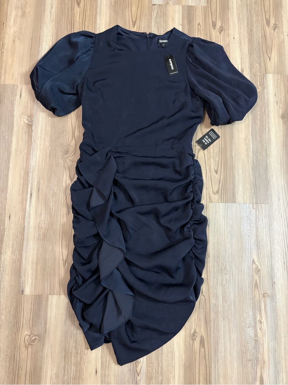 Express Navy Puff-Sleeve Ruched Ruffle Midi Dress
